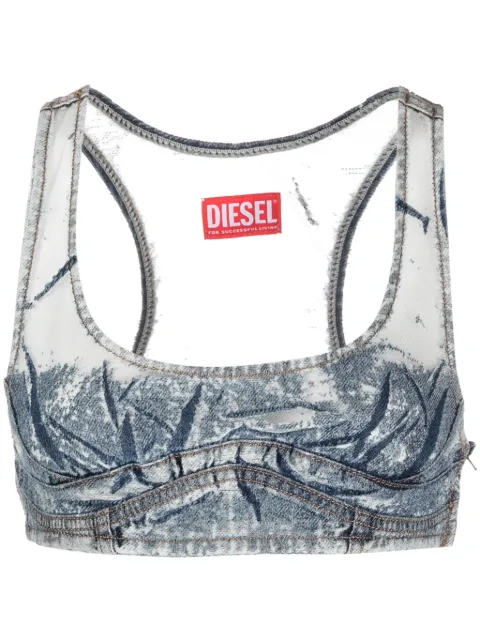 Diesel denim-patchwork mesh top