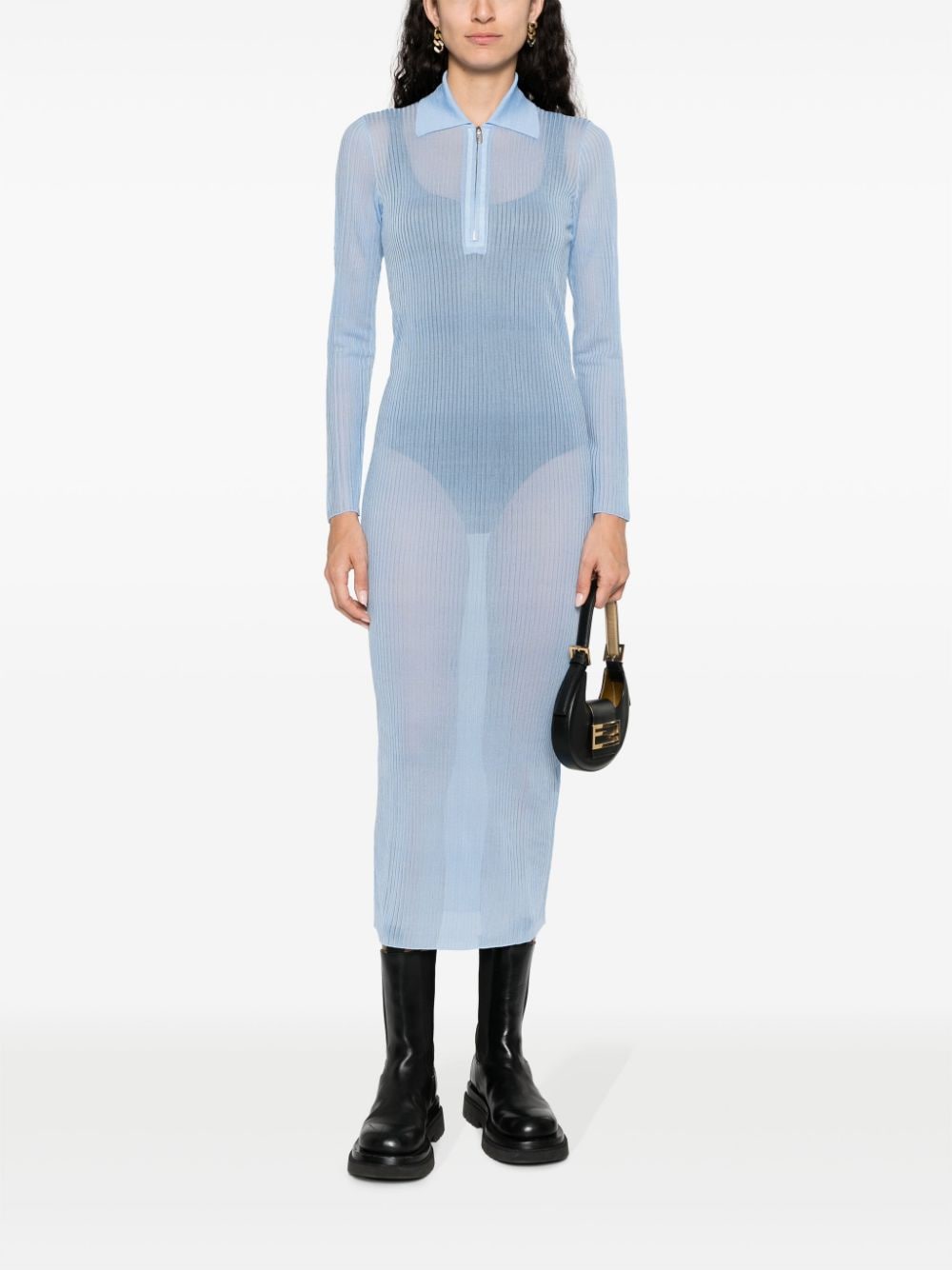 Shop Fendi Long-sleeve Ribbed Midi Dress In Blue