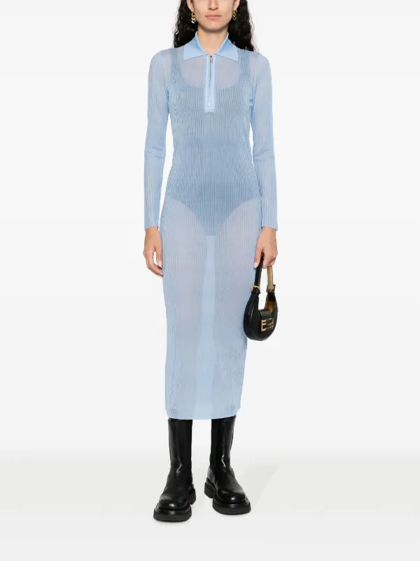 FENDI long-sleeve Ribbed Midi Dress | Blue | FARFETCH