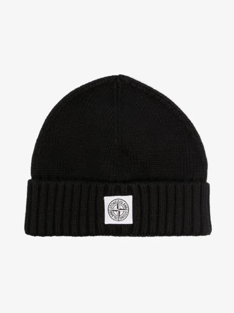 Stone Island Junior logo-patch cotton beanie