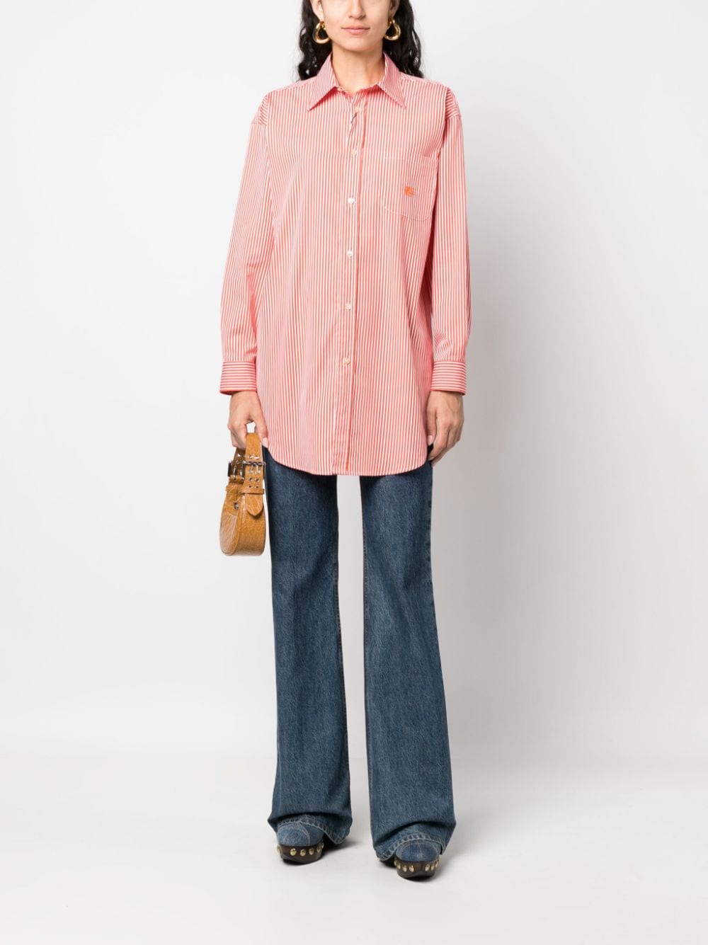 Shop Etro Striped Logo-embroidered Cotton Shirt In Orange