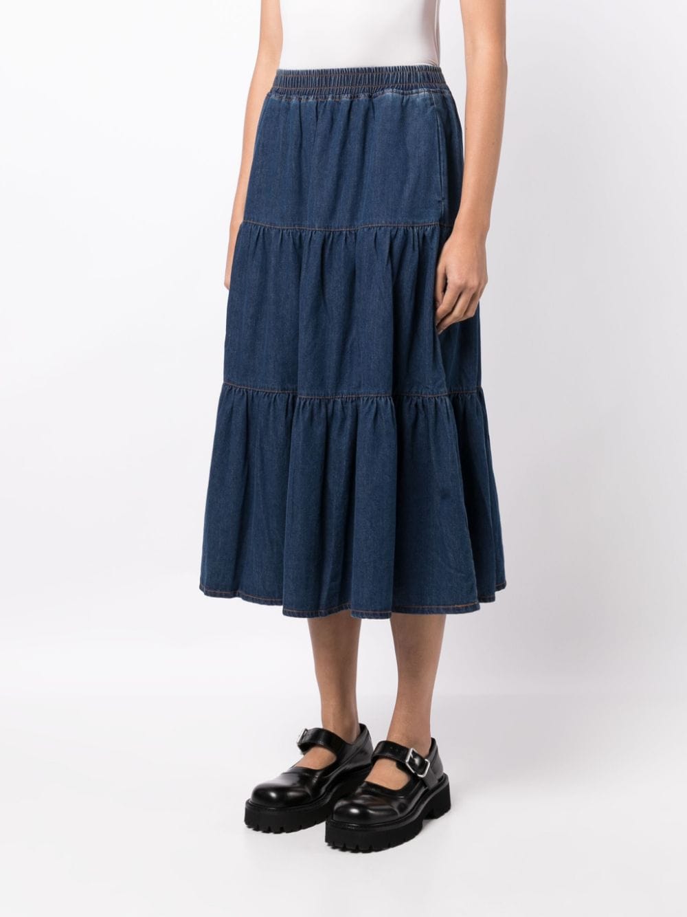 Shop Tout A Coup Tiered Denim Midi Skirt In Blue