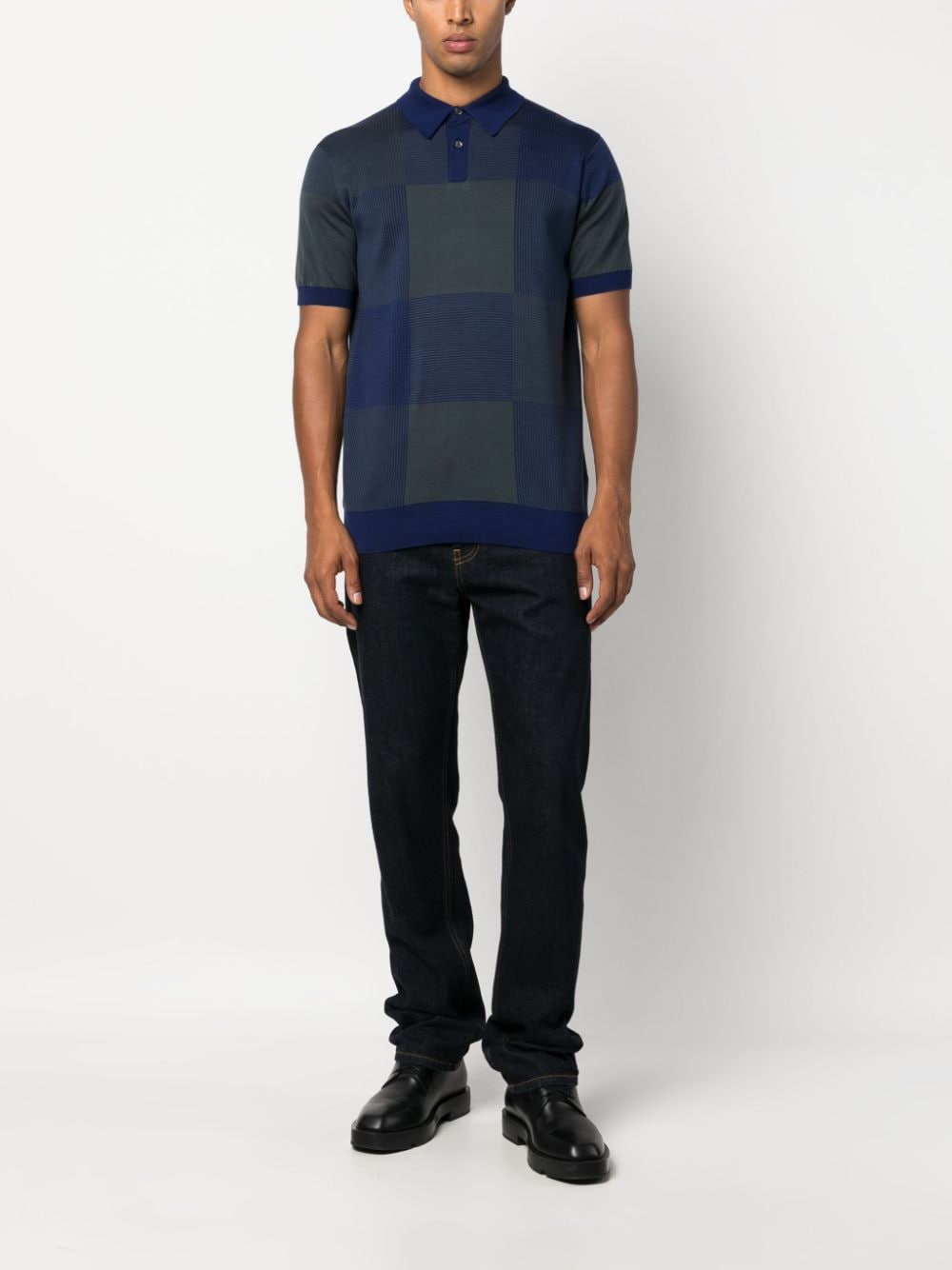 John Smedley check-pattern cotton polo shirt - Blauw