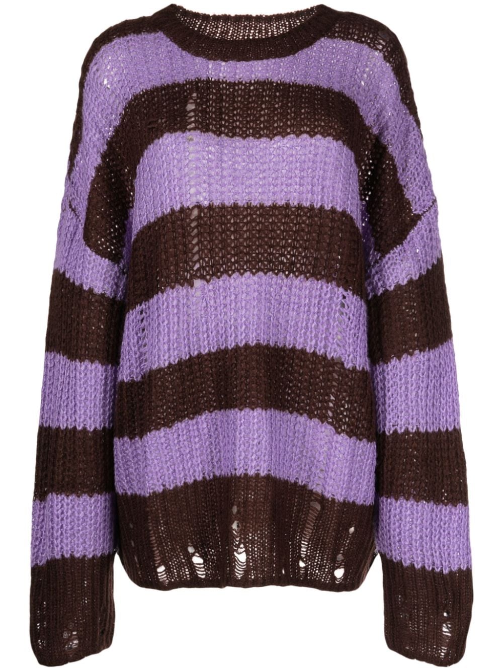 Tout A Coup Distressed Striped Waffle-knit Jumper In Brown