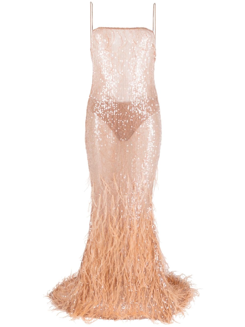 Shop Retroféte Feather- Embellished Gown In Neutrals