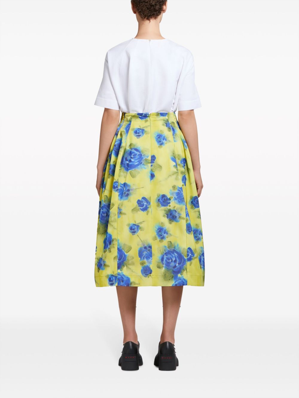 Shop Marni Rose-pattern Print Midi Skirt In Yellow