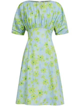Marni Gathered floral-print Cotton Dress | Blue | FARFETCH AO