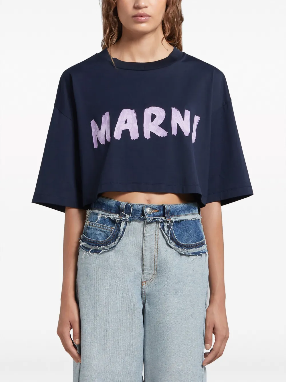 Shop Marni Logo-print Cropped Cotton T-shirt In Blue