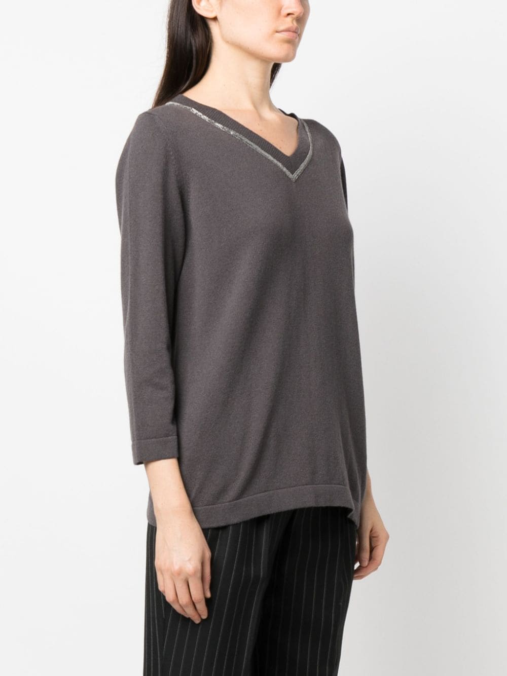 Shop Fabiana Filippi Stripe-detail V-neck Sweatshirt In Grey