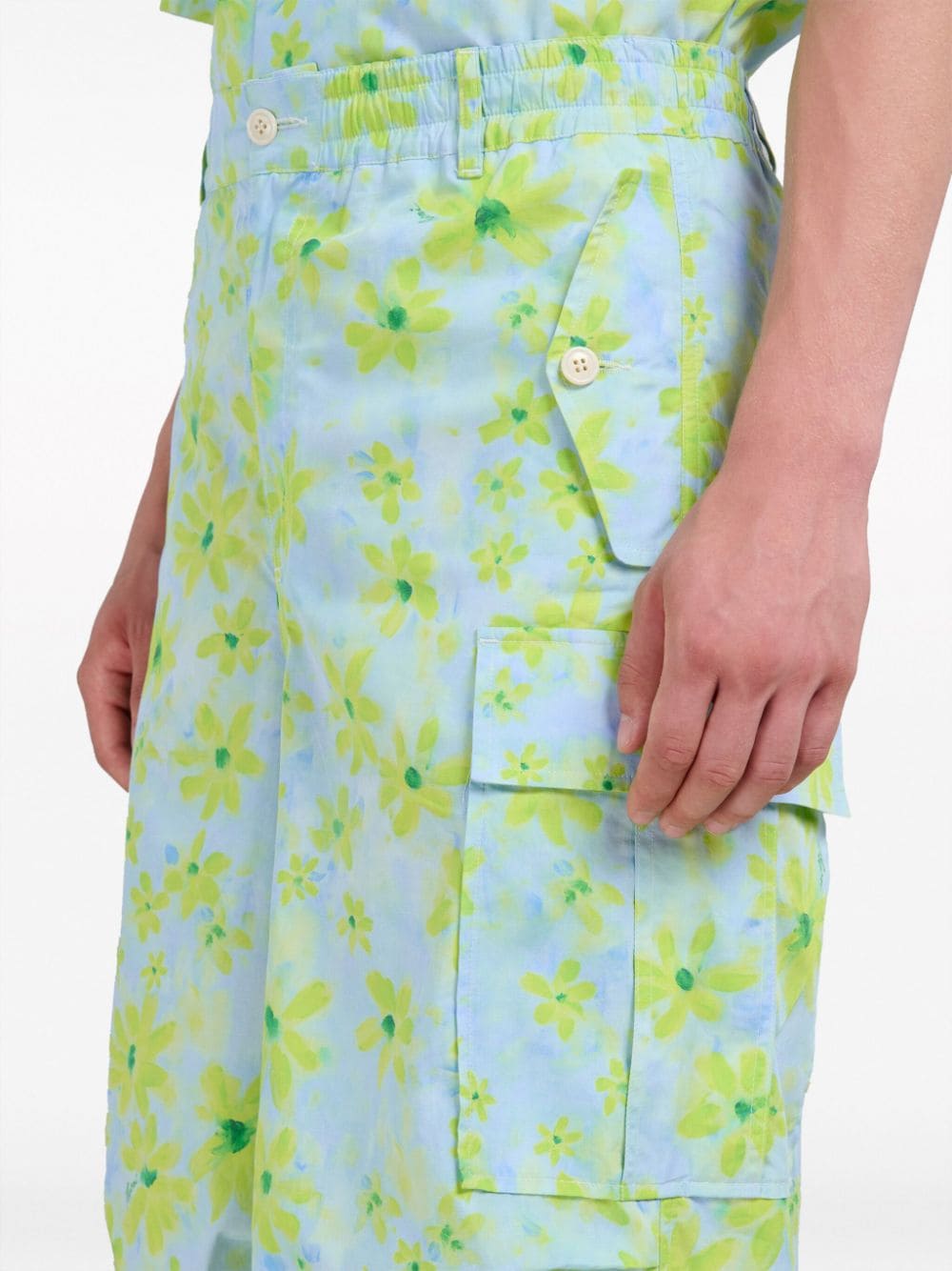 Shop Marni Floral-print Wide-leg Cargo Trousers In Blue