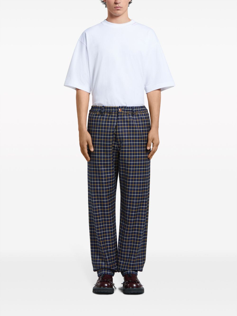 Shop Marni Check-pattern Straight-leg Trousers In Blue