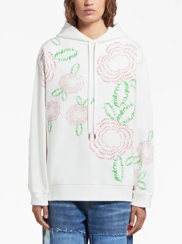 Marni rose-print Cotton Hoodie | White | FARFETCH