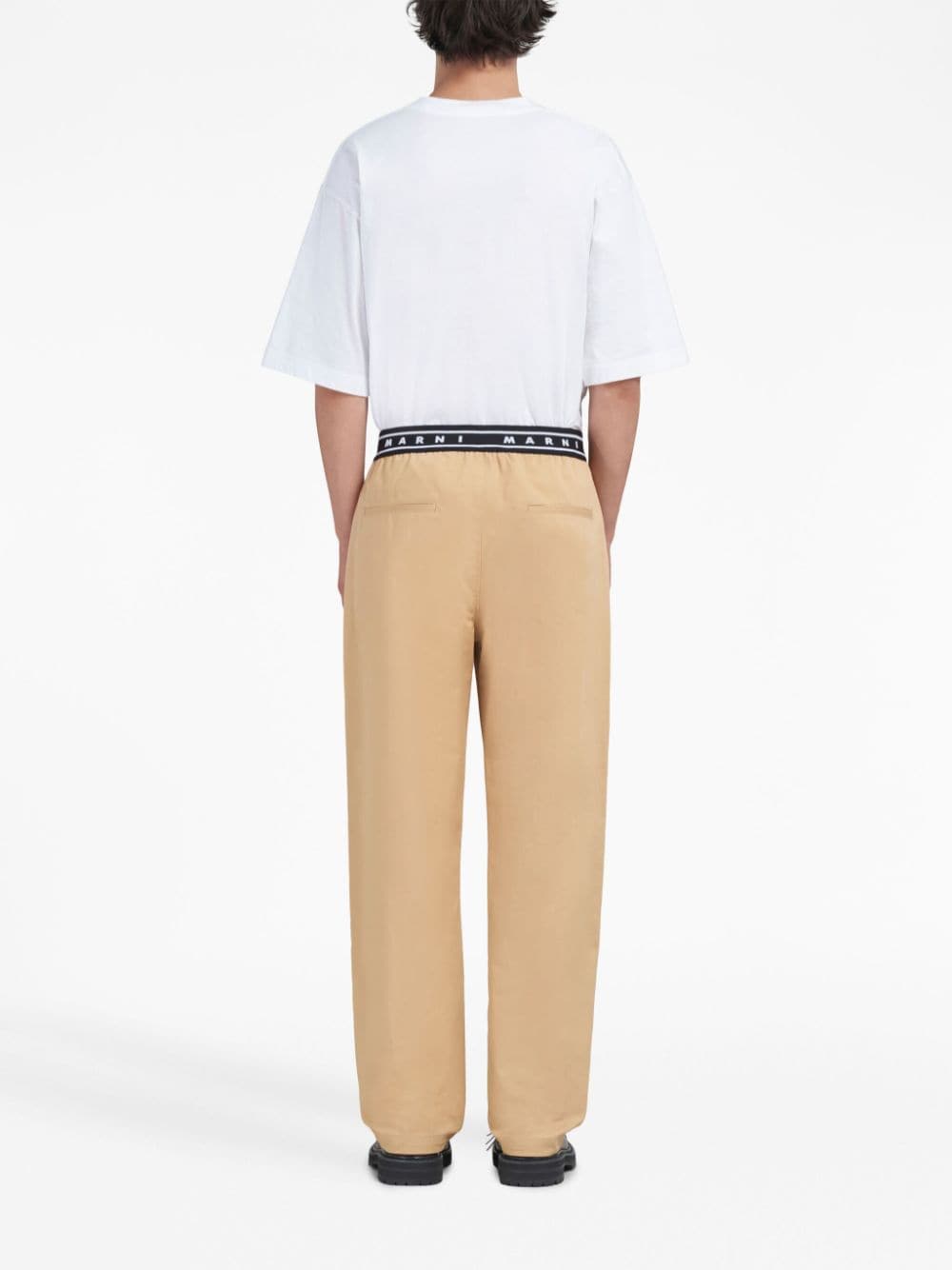 Shop Marni Logo-waistband Straight-leg Cotton Trousers In Brown