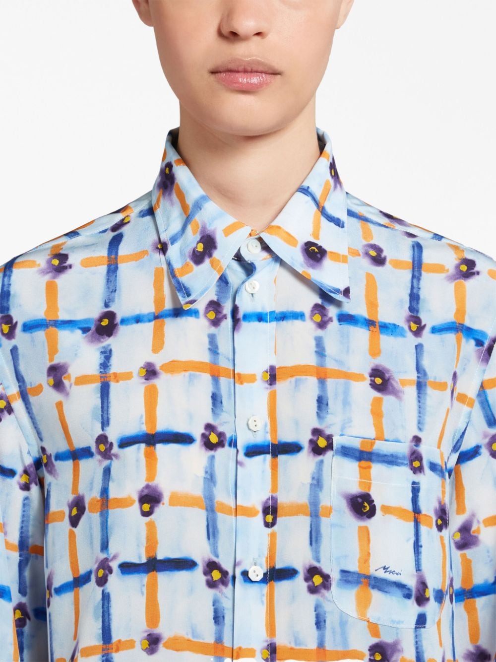 Shop Marni Mix-print Pointed-collar Silk Shirt In Blue