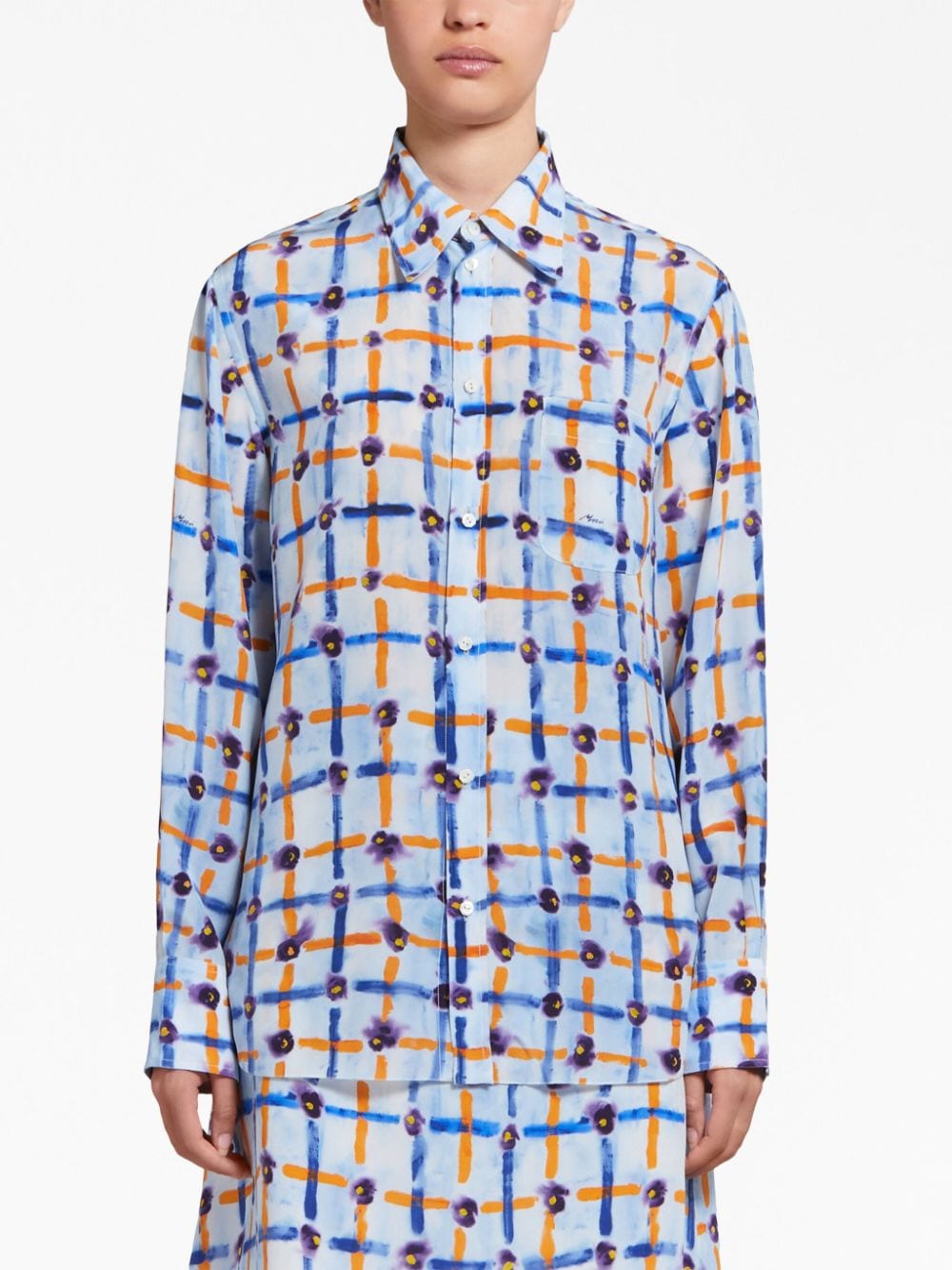 Shop Marni Mix-print Pointed-collar Silk Shirt In Blue