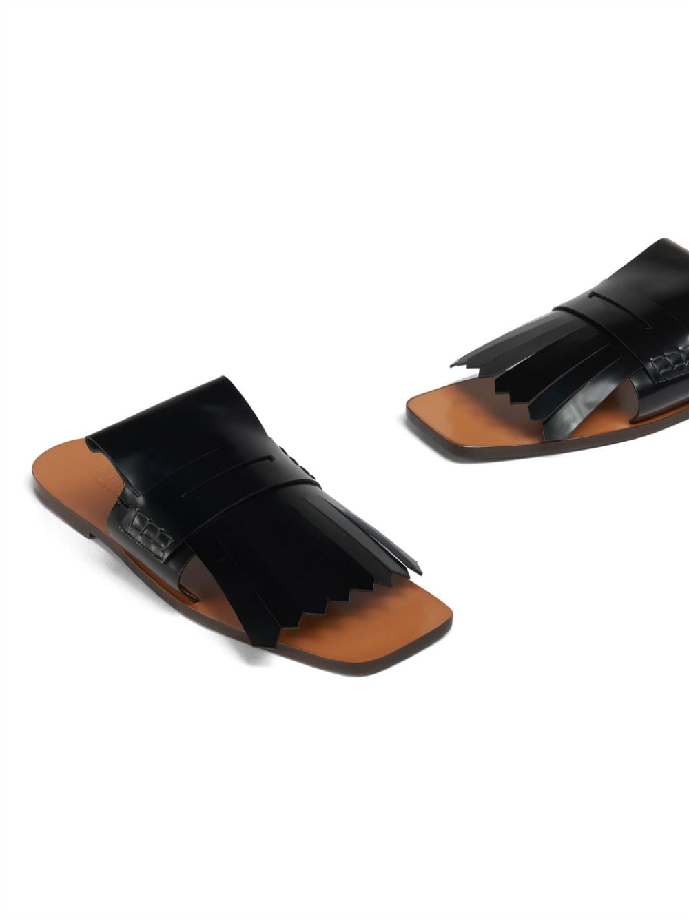 Shop Marni Fringed Leather Flat Sandals In Black
