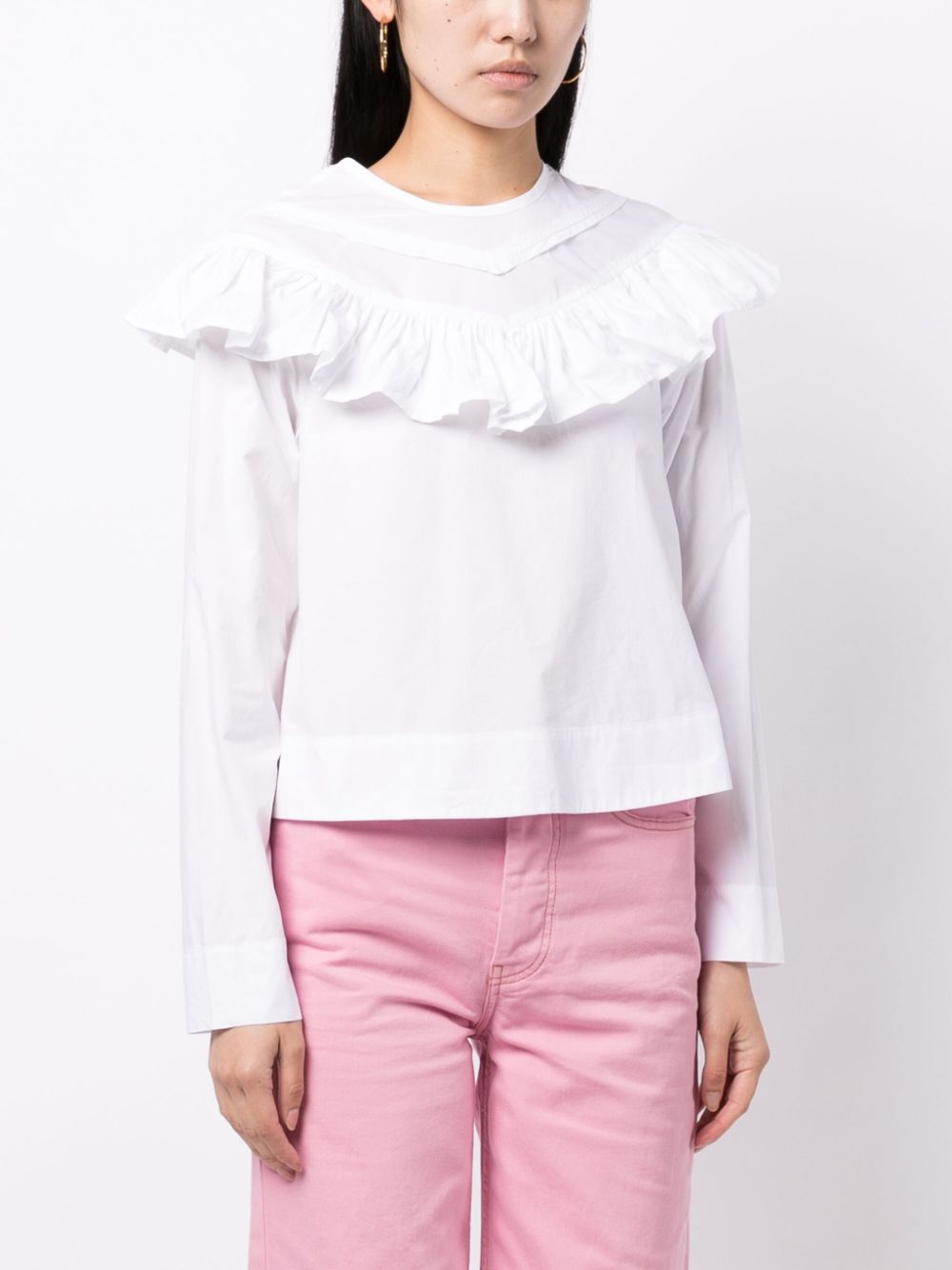 Shop Ganni Ruffle-detail Organic Cotton Blouse In White