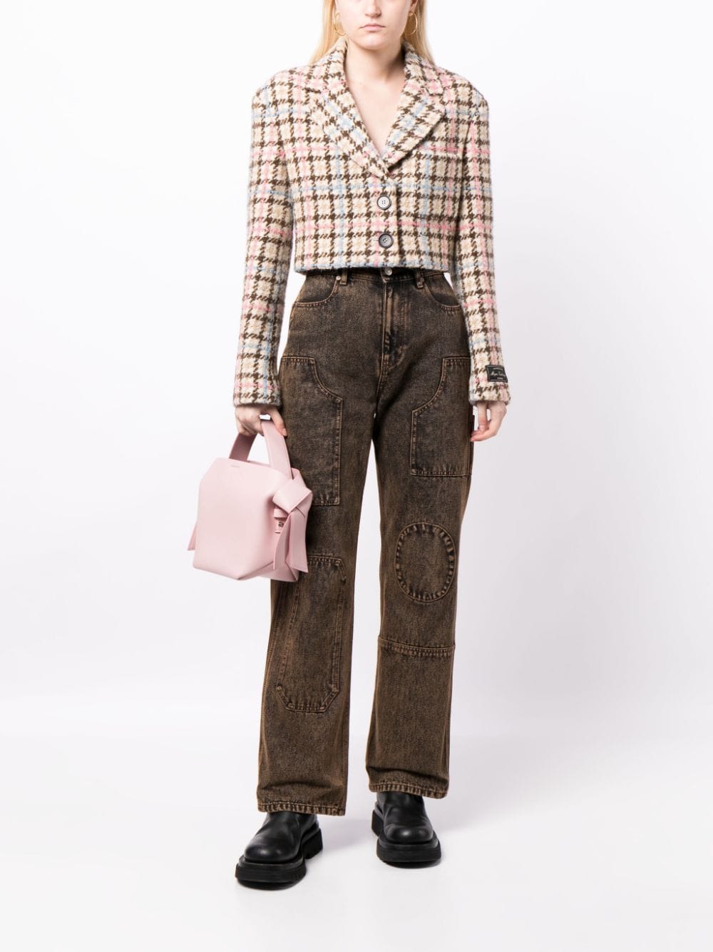 Shop Msgm Single-breasted Tweed Cropped Blazer In Brown