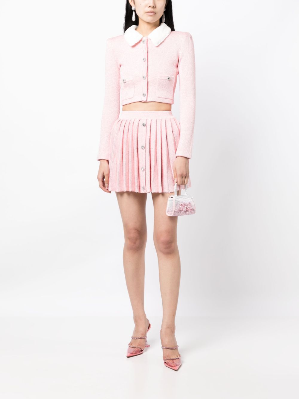 Self-Portrait pleated knitted miniskirt - Roze