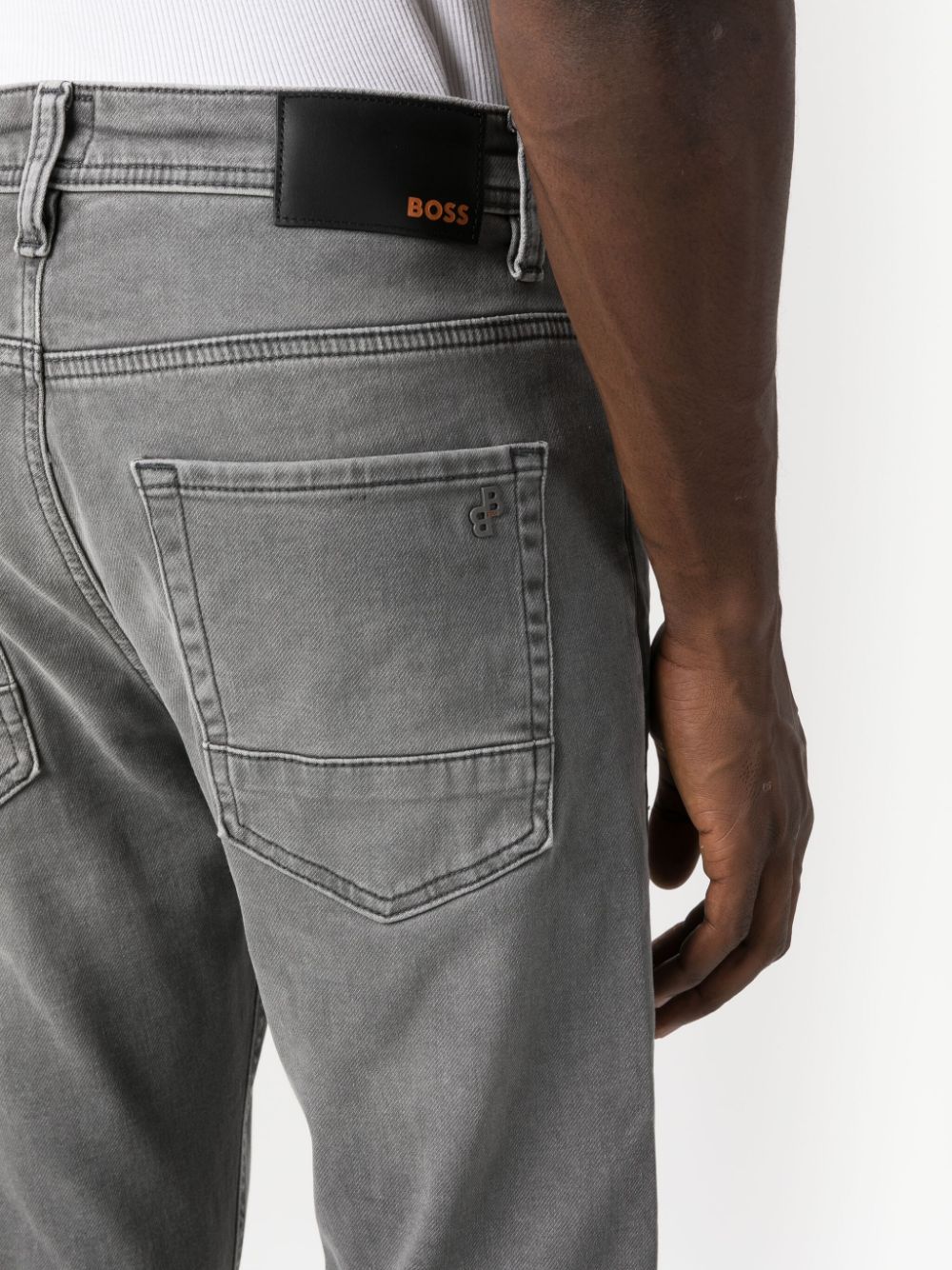 Shop Hugo Boss Logo-patch Tapered-leg Jeans In Grey