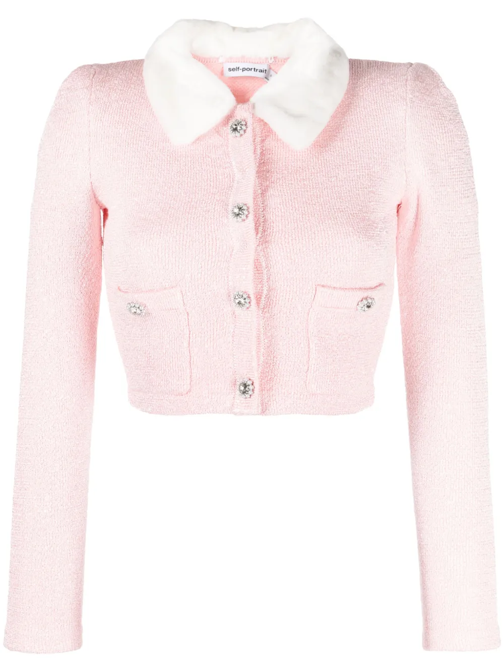 Self-Portrait cardigan crop à col en fourrure artificielle | rose | Image 1