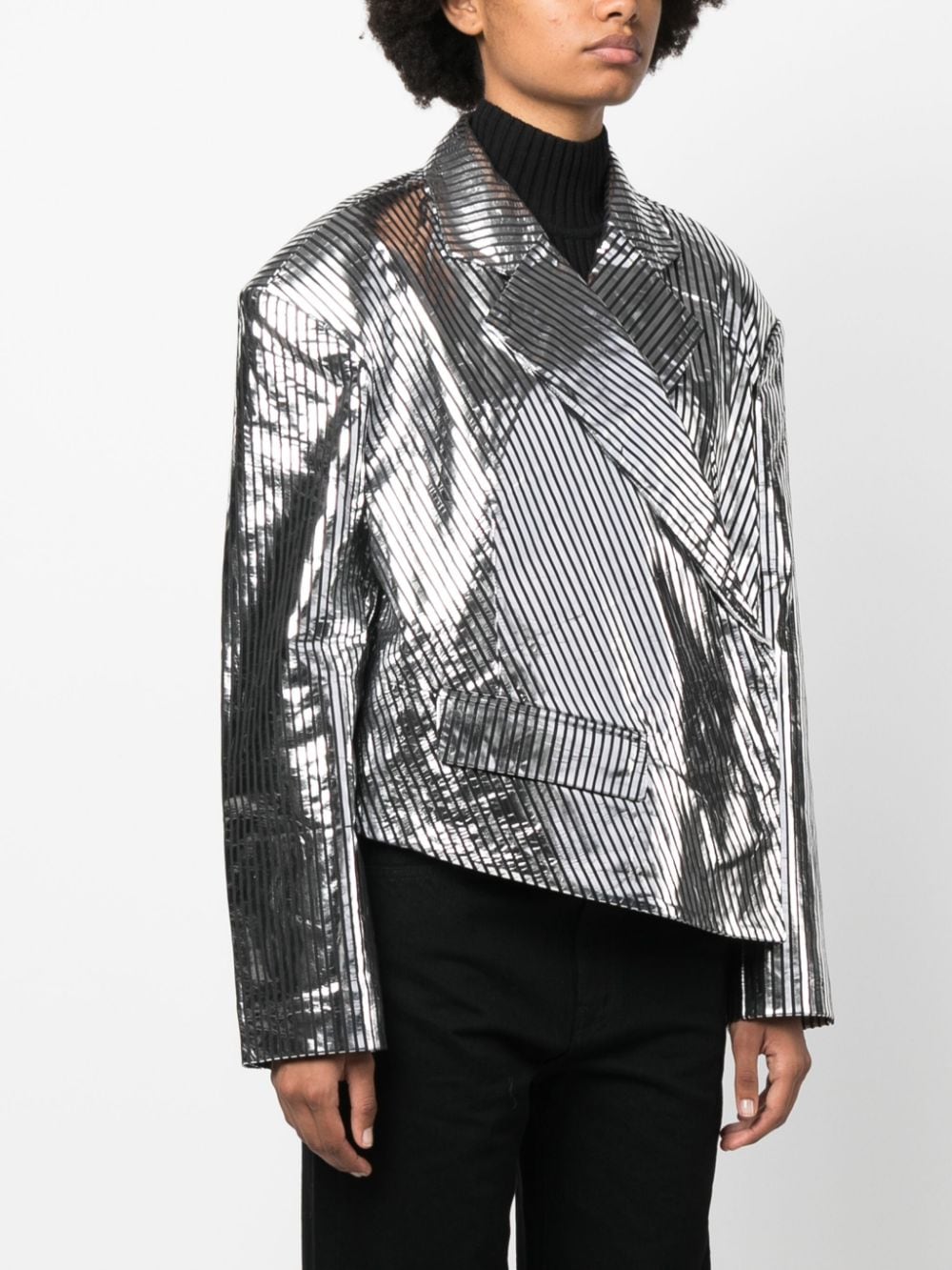 Shop Remain Striped Asymmetric-hem Leather Jacket In Grey