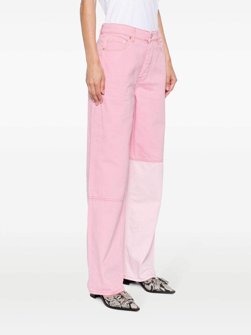 Shop Ganni Colour-block Straight-leg Jeans In Pink