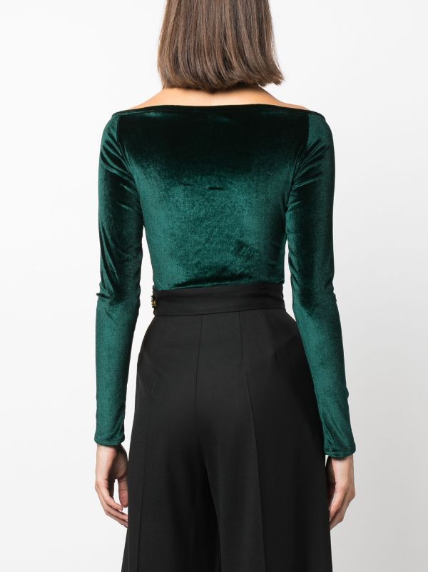 Buy Boohoo Feather Cuff Textured Velvet Bodysuit Top In Green