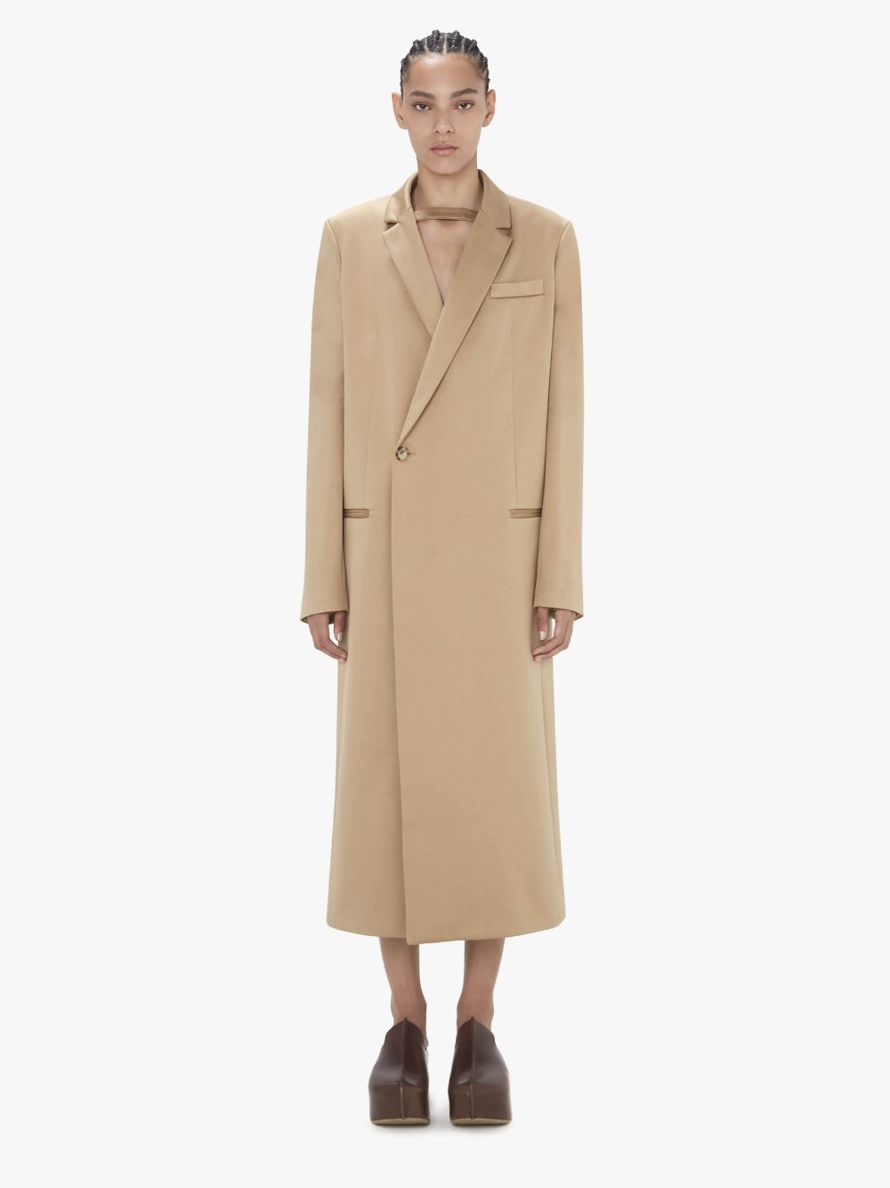 Shop Jw Anderson Longline Double-breasted Tailored Coat In Neutrals