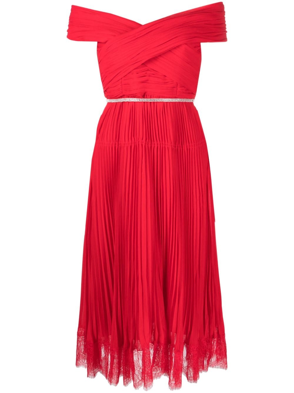 Self-portrait Off-shoulder Pleated Midi Dress In Red