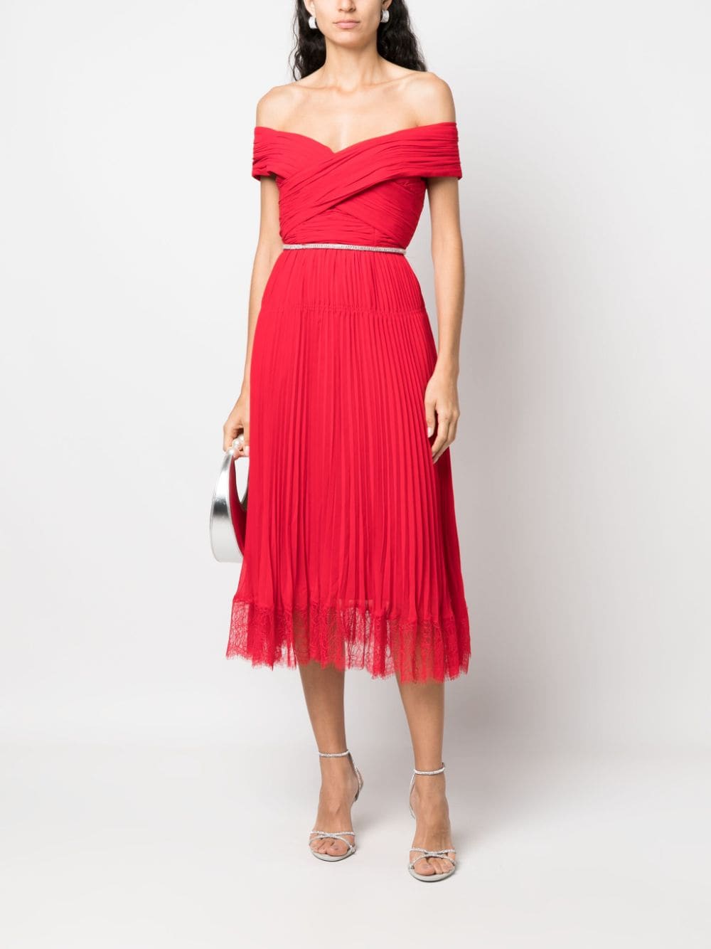 Self-Portrait off-shoulder pleated midi dress - Rood