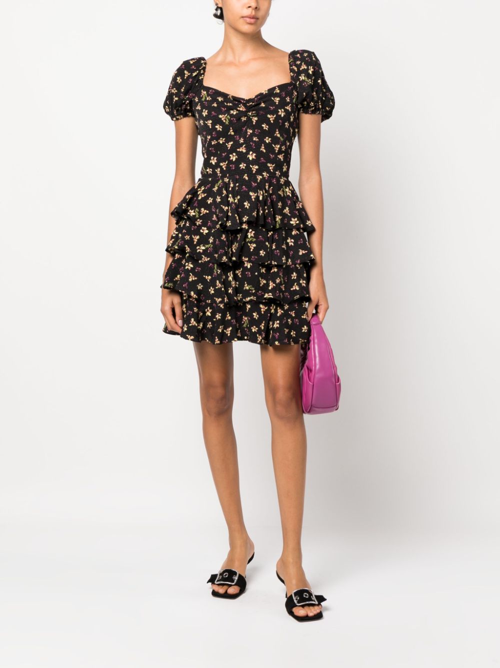 ROTATE floral-print ruffled minidress - Zwart