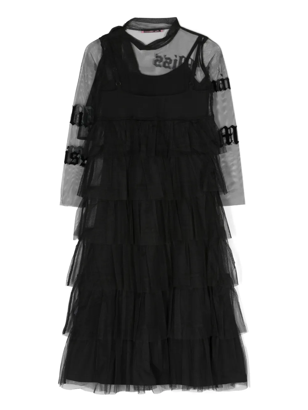 Miss Blumarine jacquard logo-motif layered tulle dress - Zwart