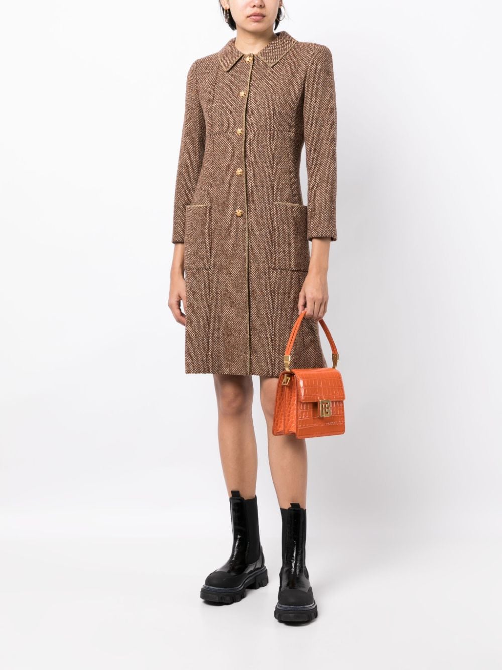 Pre-owned Chanel Buttoned A-line Tweed Coat In Brown