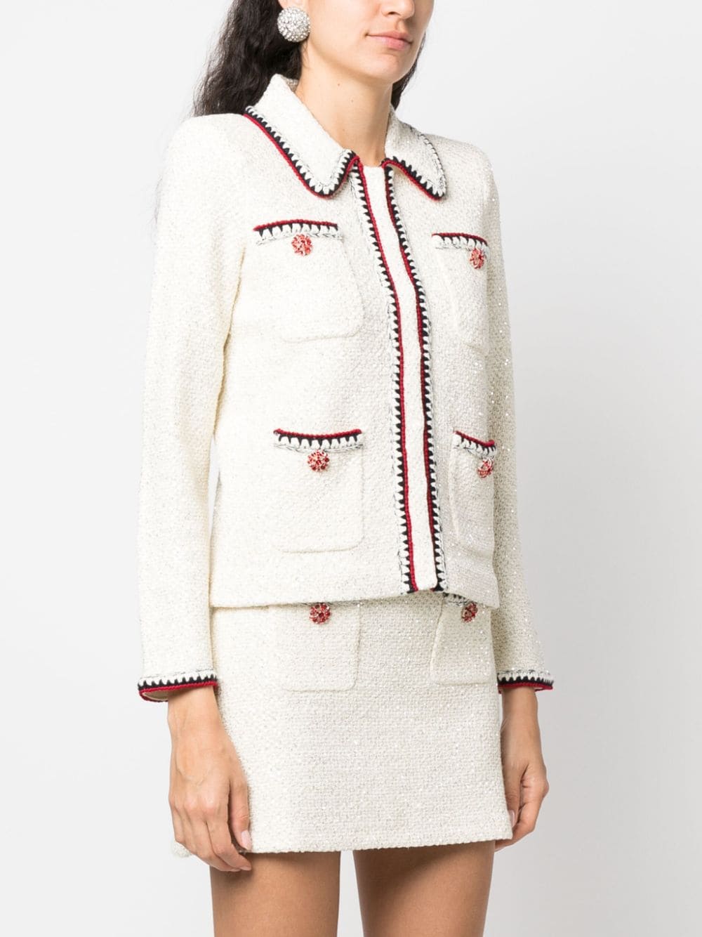 Shop Self-portrait Sequin-embellished Knitted Jacket In Neutrals