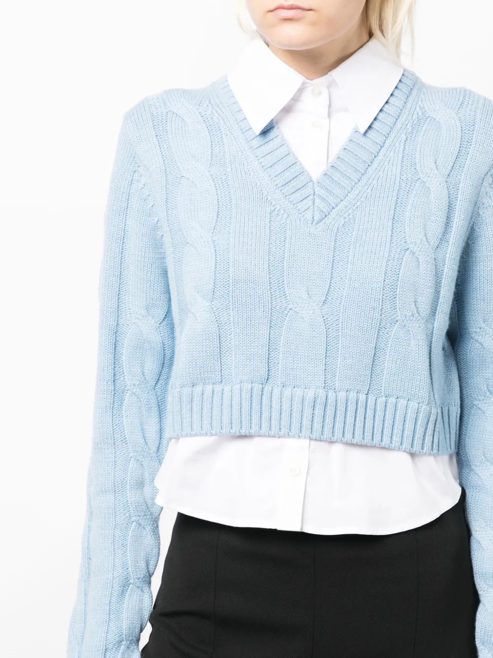 Staud Duke Crop Mixed Media Cable Knit Sweater In Blue