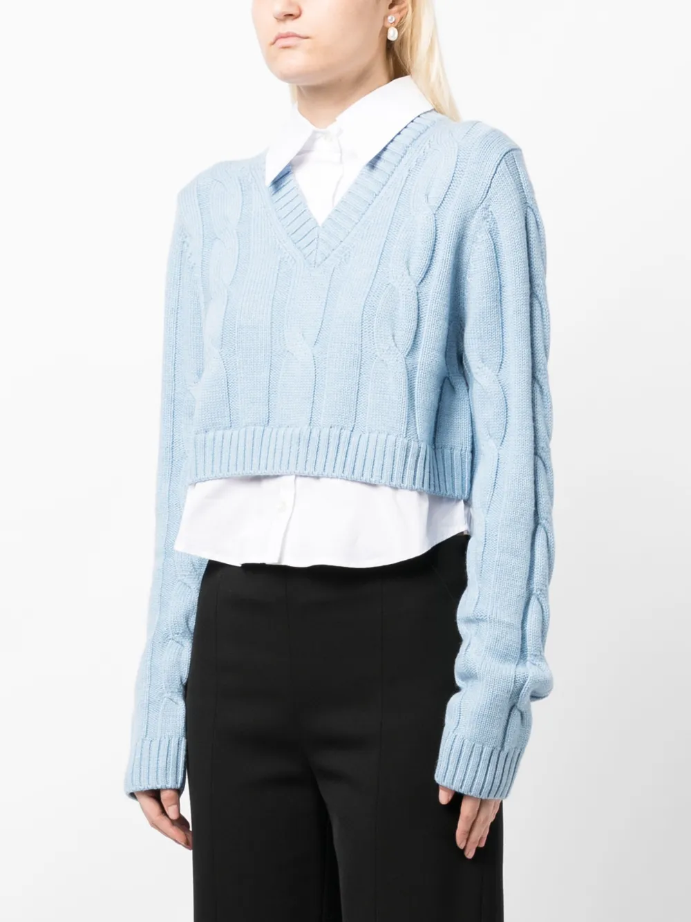 Staud Duke Crop Mixed Media Cable Knit Sweater In Blue