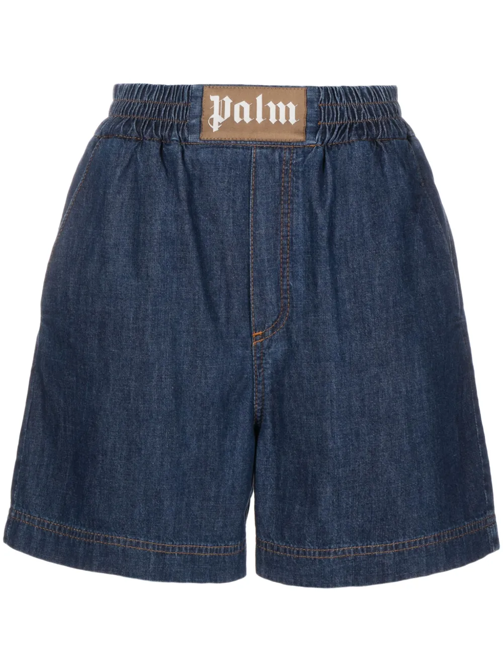 Palm Angels Navy Patch Denim Shorts In Blue