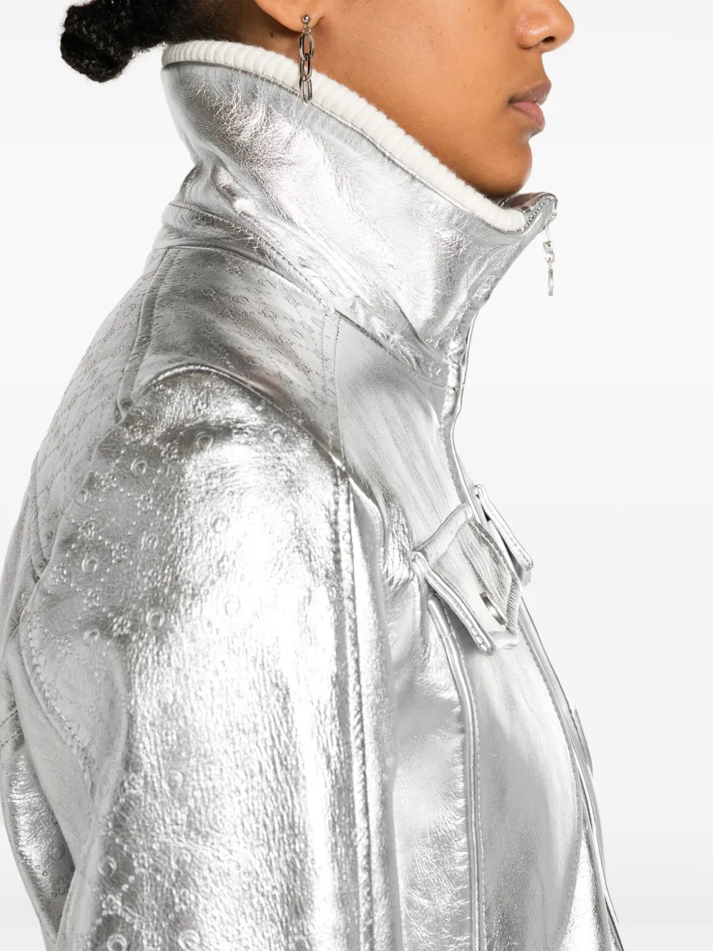 Shop Marine Serre Moonogram-pattern Laminated Leather Jacket In Silver