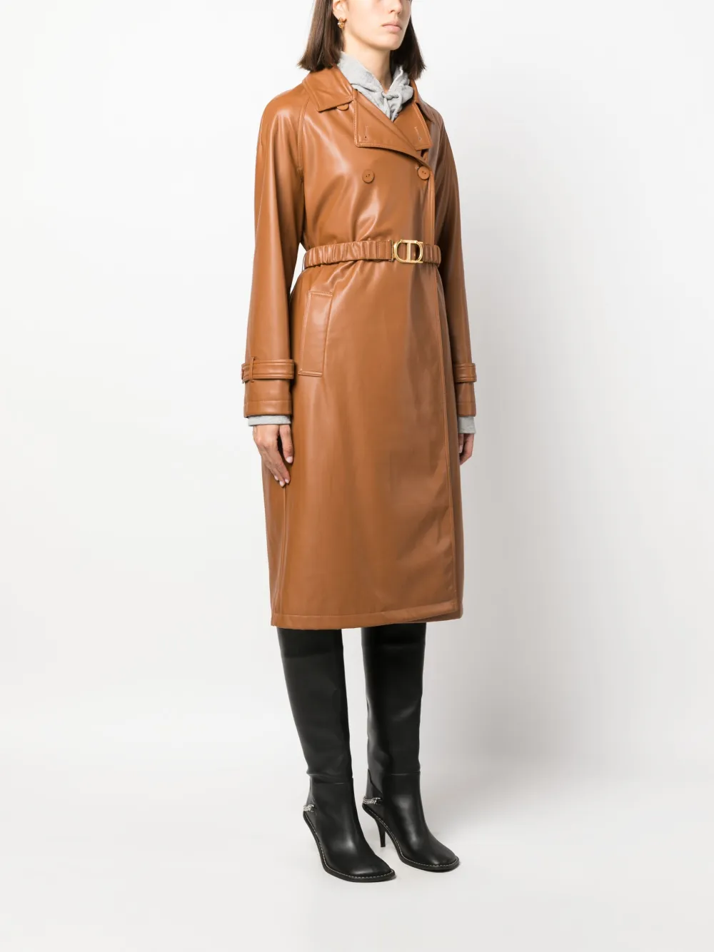 Twinset Belted Double-breasted Coat In Braun