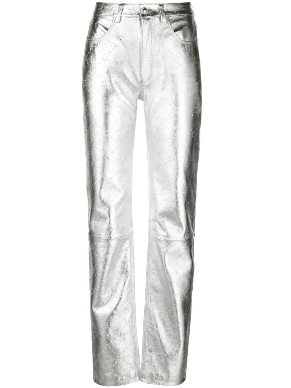 Marine Serre Crescent Moon-debossed Leather Trousers In Silver