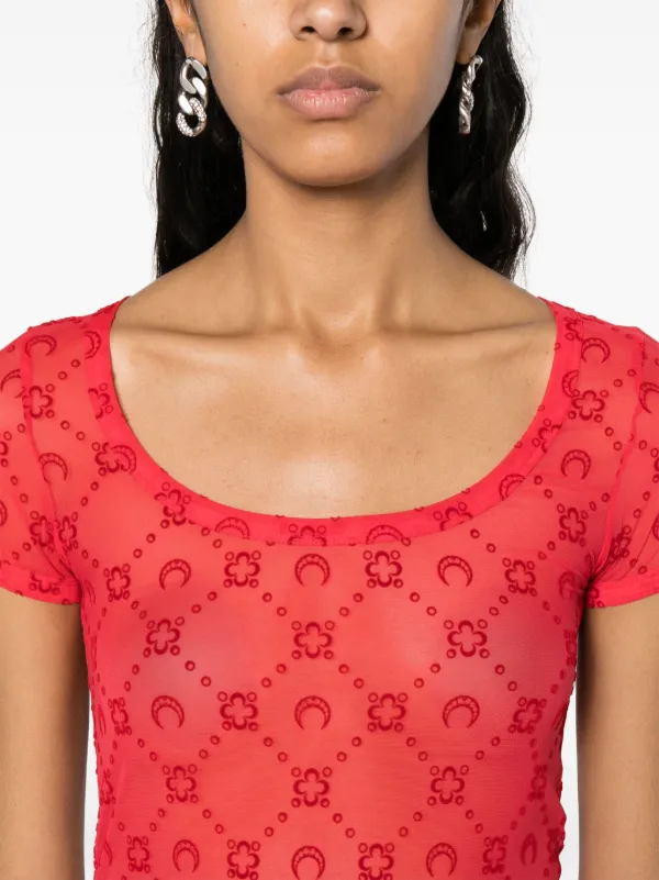 Marine Serre monogram-flocked Mesh T-shirt | Red | FARFETCH EG