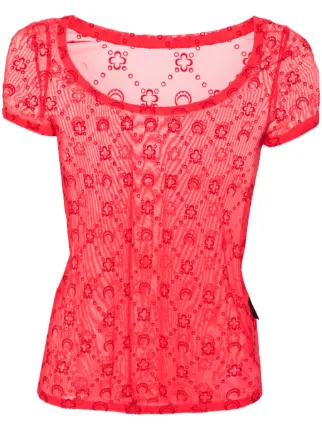 Marine Serre monogram-flocked Mesh T-shirt | Red | FARFETCH