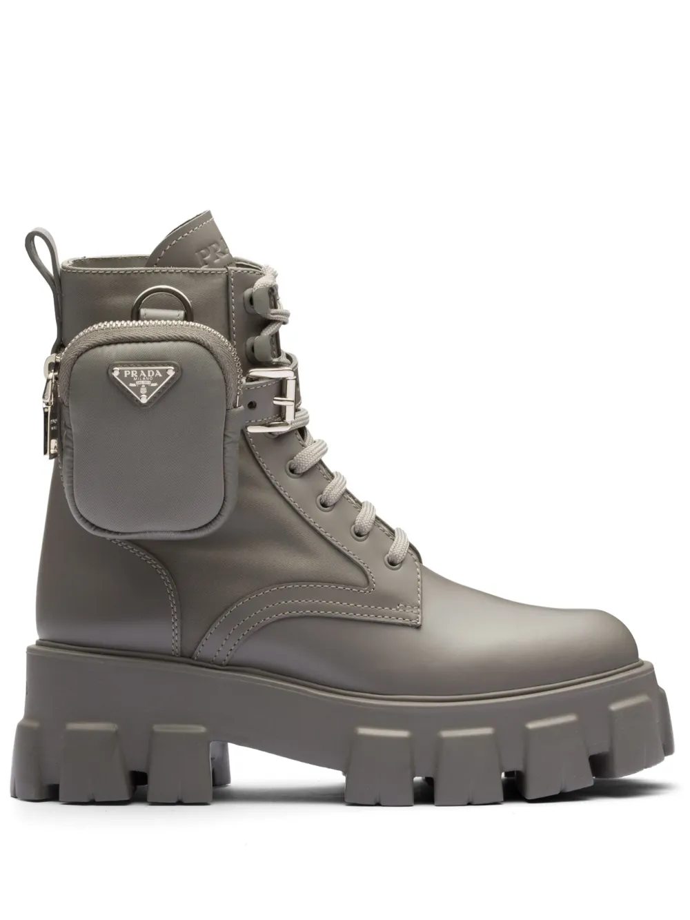 Prada Monolith Leather And Re-nylon Boots With Pouch In Marble Gray