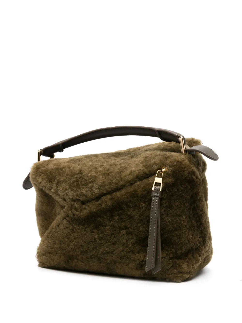 Shop Loewe Small Puzzle Shearling Tote Bag In Green