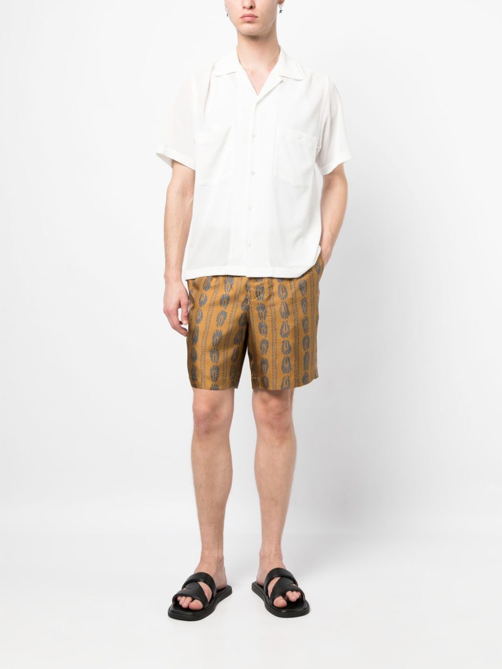 Shop Bally Feather-pattern Silk Bermuda Shorts In Brown