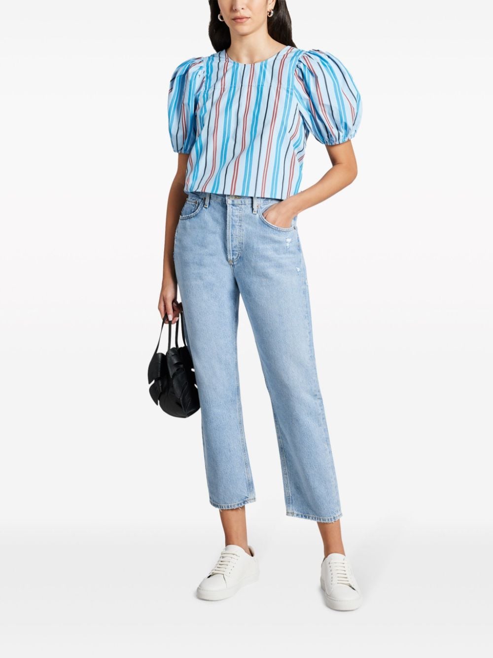 GANNI stripe-print organic cotton blouse - Blauw