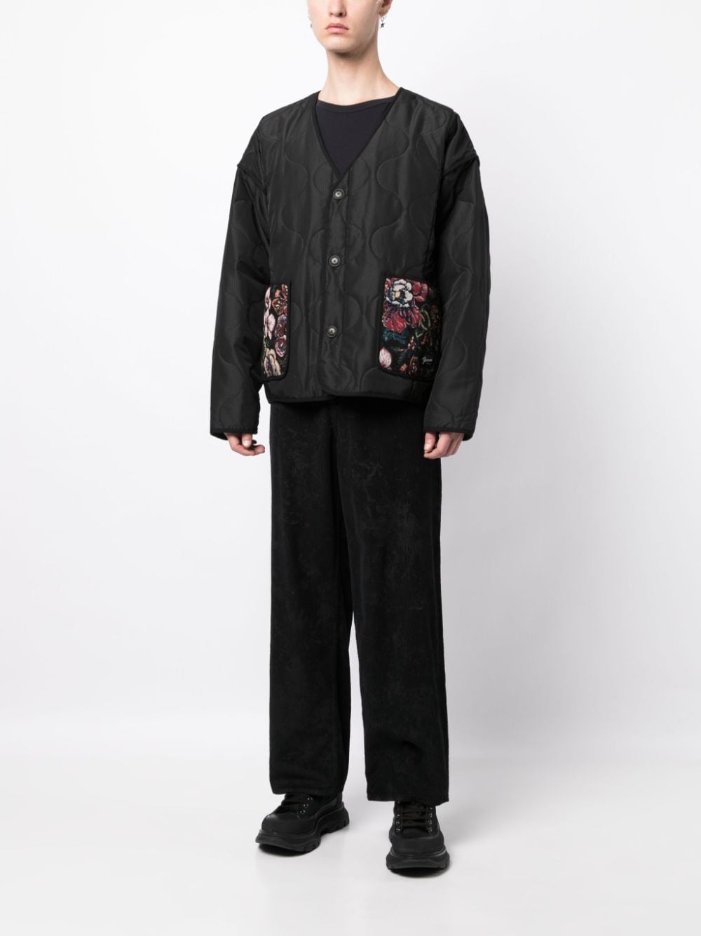 Shop Five Cm Floral-patchwork Quilted Padded Jacket In Black