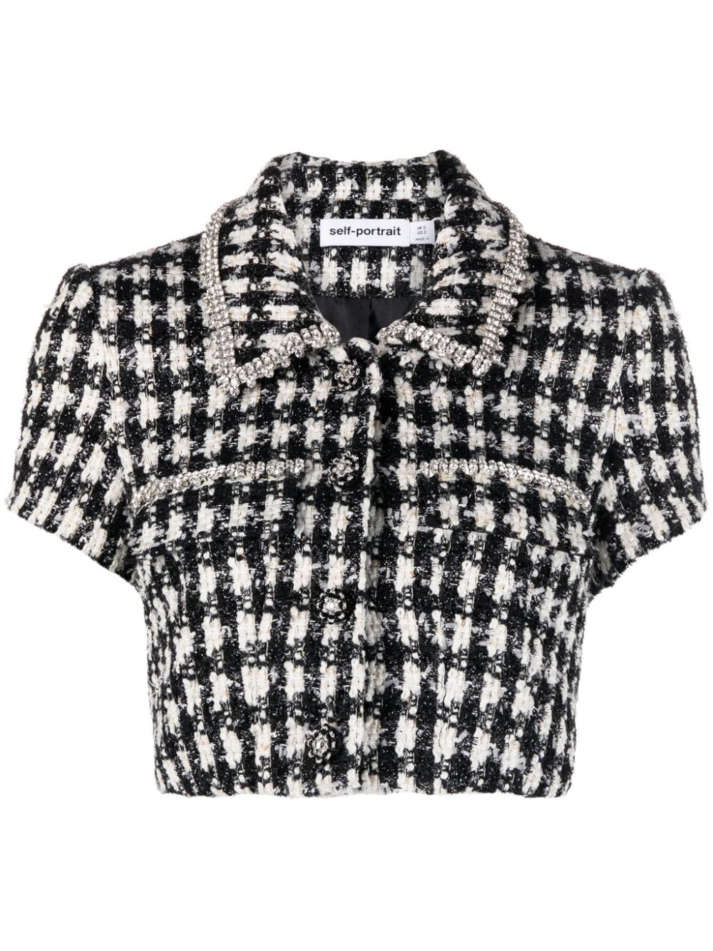 Shop Self-portrait Crystal-embellished Tweed Cropped Shirt In Schwarz