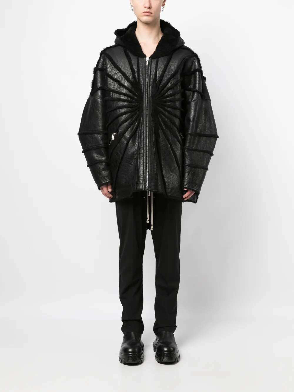 Shop Rick Owens Jumbo Shearling-trim Hooded Jacket In Schwarz